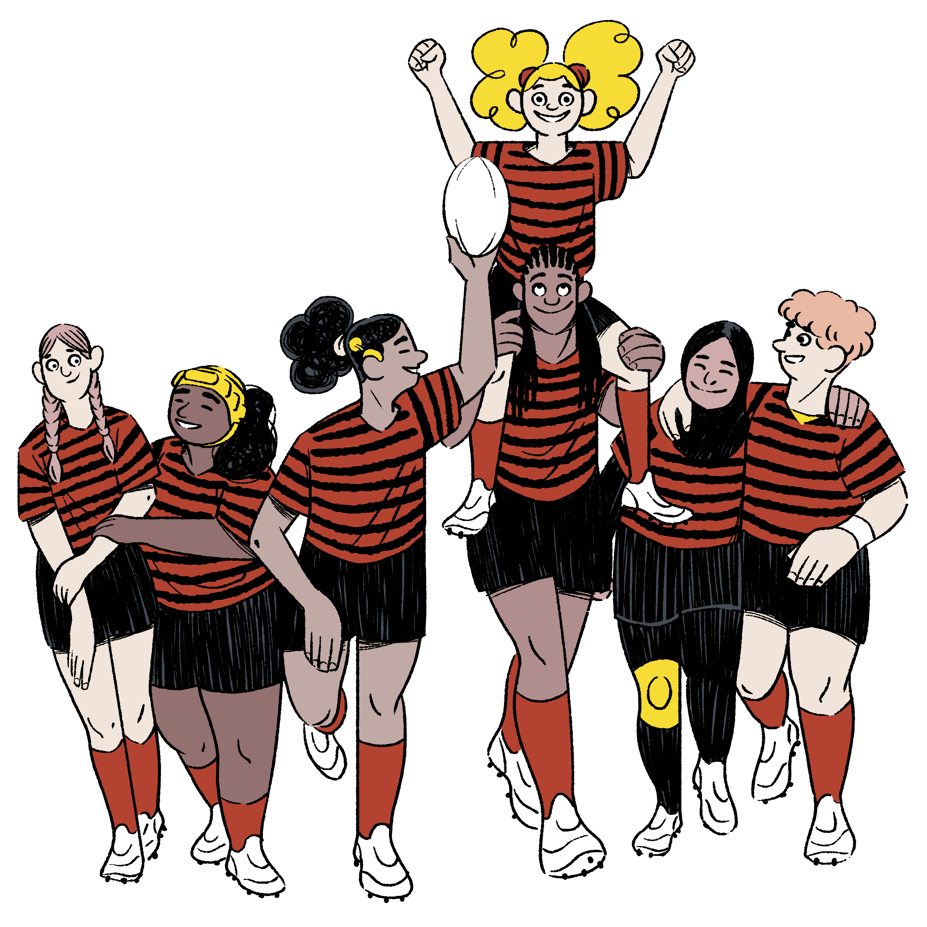 Illustration von fröhlichen Rugby Mädchen: Jede anders, alle wichtig